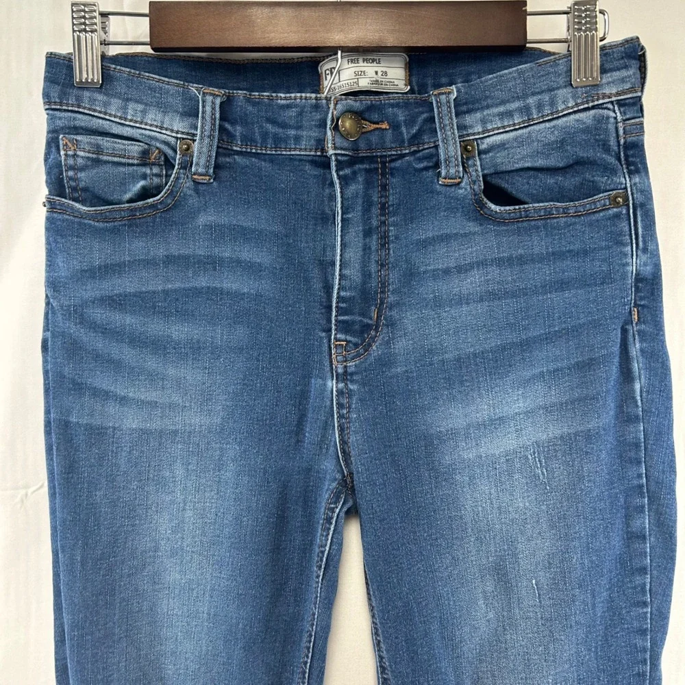 Free People Skinny Jeans Womens 28 Blue Distressed Frayed Fringe Hem
